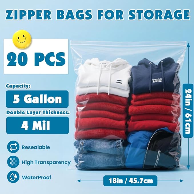 20 Pack Large 5 Gallon Storage Bags with Zipper Top, 18 x 24in Zipper Bags - Image 2