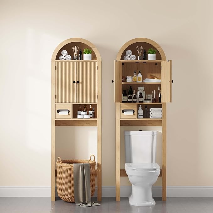Arched Over the Toilet Storage Cabinet with Fluted Wood Doors, Natural Oak - Image 7