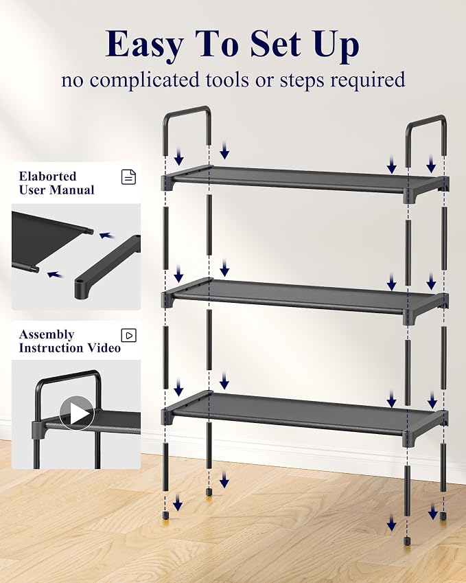 Kitsure Shoe Rack for Closet, Shoe Storage, 27.6" Wide - 3 Tiers, Black | Shoe Organizer for Closet, Entryway, Living Room, Space-Saving Shoe Shelf, Sturdy Zapateras Organizer - Image 6