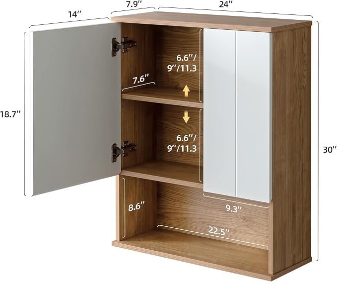 24"x30" Bathroom Wall Cabinet with Asymmetrical Doors & Open Shelf - Image 2
