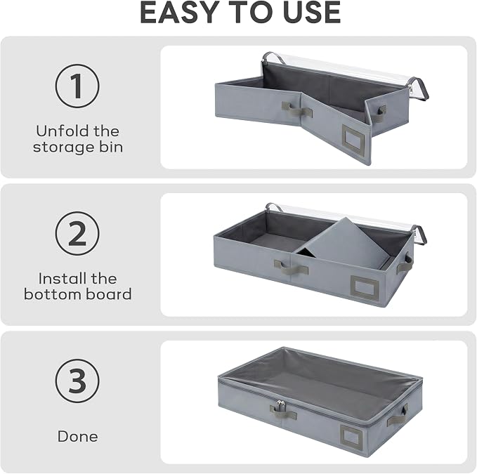 4" Low Profile Under Bed Storage Bins (3-Pack, Charcoal Grey), Slim 600D Oxford Organizer Containers with Matching Vegan Leather Handles & Clear Window, for Shoes, Clothing & Under-Sofa Storage - Image 8