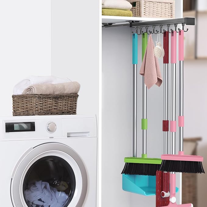 Pull Out Broom Holder With Adjustable Double Row Sliding Hook-Grey 18IN by DegMongee