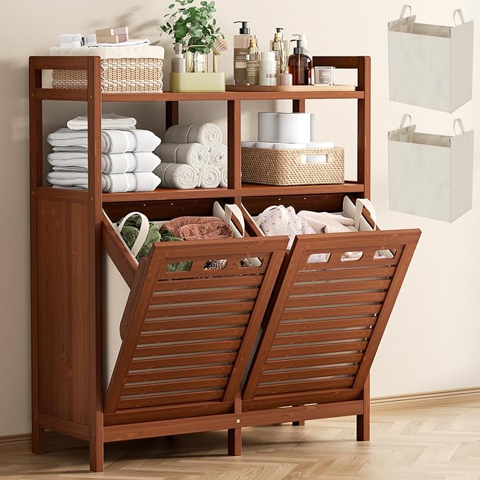 Homykic Tilt Out Laundry Hamper Cabinet, Bamboo Laundry Organizer, Walnut by Homykic