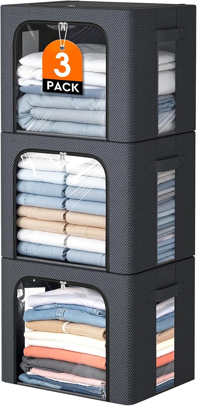 3 Pack Clothes Storage Bins with Metal Frame,40L Storage Bags Fabric Box Organizer with Clear Window,Zippers,Sturdy Handles(3 Pcs,Light Grey,40L) by EpicTotes