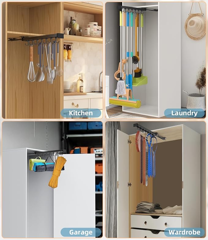 Pull Out Broom Holder With Adjustable Double Row Sliding Hook, Multifunctional Slide Broom And Mop Storage/Organizer Garage Organization Hooks, for Closet Laundry - /16.14inch - Image 5