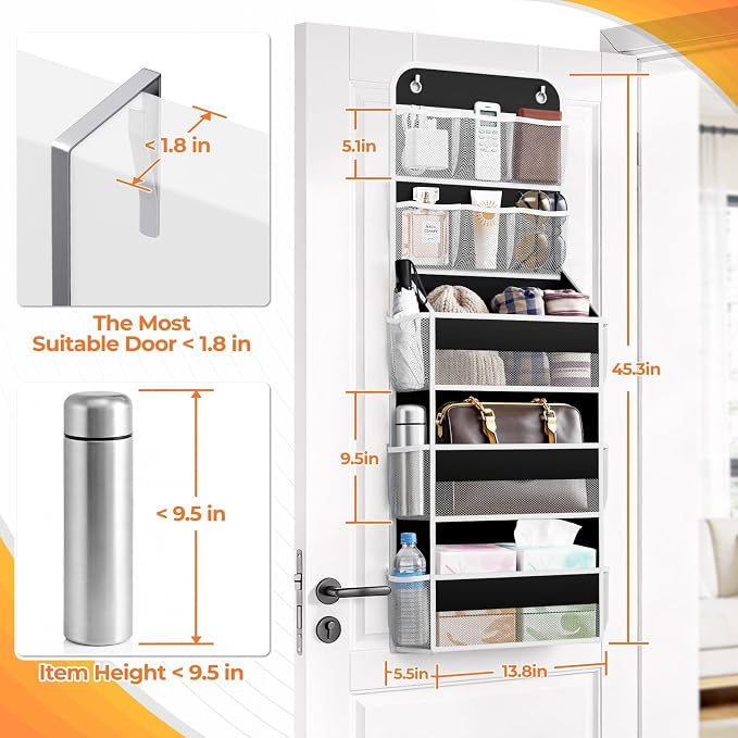 SpaceHacks 5-Tier Over the Door Organizer with Mesh Pockets, Baby Nursery Storage for Closet, Bathroom and Bedroom, Adjustable Hanging Closet Organizer for Cosmetics, Books and Essentials (Black) - Image 2