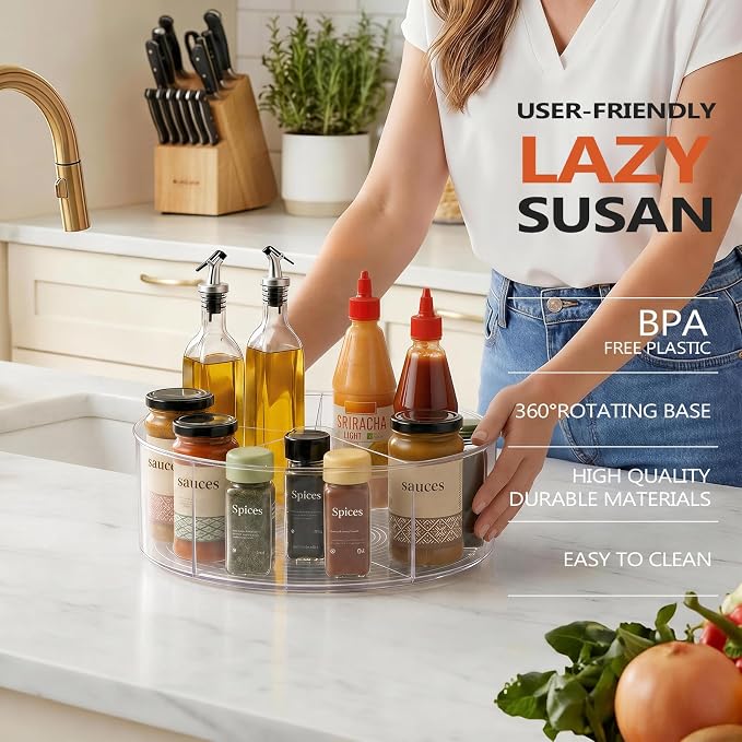 Divided Lazy Susan Turntable Organizer, 11.5" Clear Round Lazy Susan - Image 3