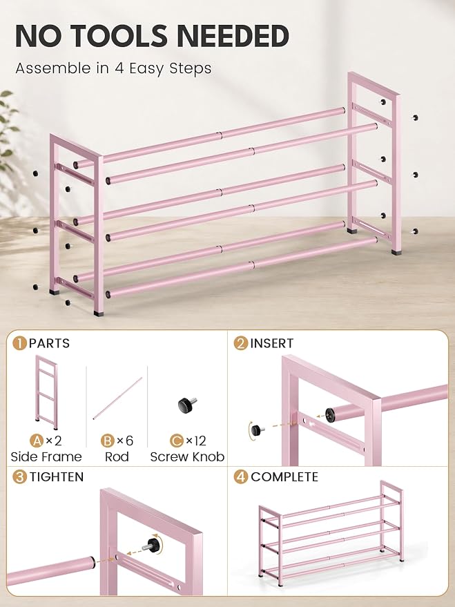 Bumusty 3 Tier Expandable Shoe Rack for Closet, Pink | 18"-33" Adjustable Shoe Rack for Entryway, Small Shoe Organizer for Dorm, Front Door, Sturdy Metal - Image 8