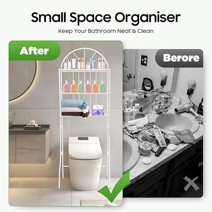 3-Tier Over The Toilet Storage Rack, Space Saver Metal Bathroom Shelves, Freestanding Over Toilet Bathroom Organizer for Bathroom/Living Room (White) - Image 7