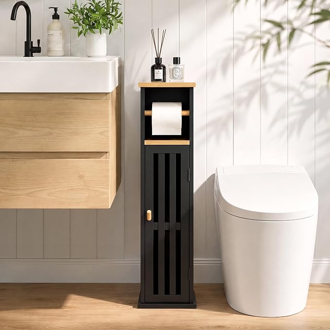 Narrow Bathroom Storage Cabinet with Toilet Paper Holder, Black - Image 8