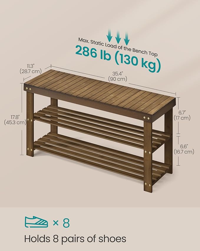 SONGMICS Shoe Rack Bench, 3-Tier Bamboo Entryway Bench, 35.4 Inches Width | Shoe Storage Organizer, Holds Up to 286.6 lb, Yellow Brown, BAMBOU Collection ULBS090K01 - Image 3