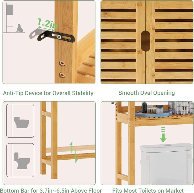 VIAGDO Over The Toilet Storage Cabinet, Tall Bathroom Cabinet Organizer with Cupboard and Adjustable Shelves, Freestanding Toilet Shelf Space Saver Rack Stand for Laundry Room, Balcony, Bamboo - Image 6