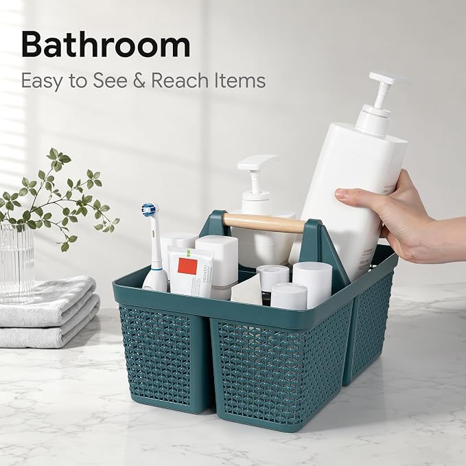 Portable Plastic Shower Caddy Basket with Wooden Handle, Bluish Green - Image 4