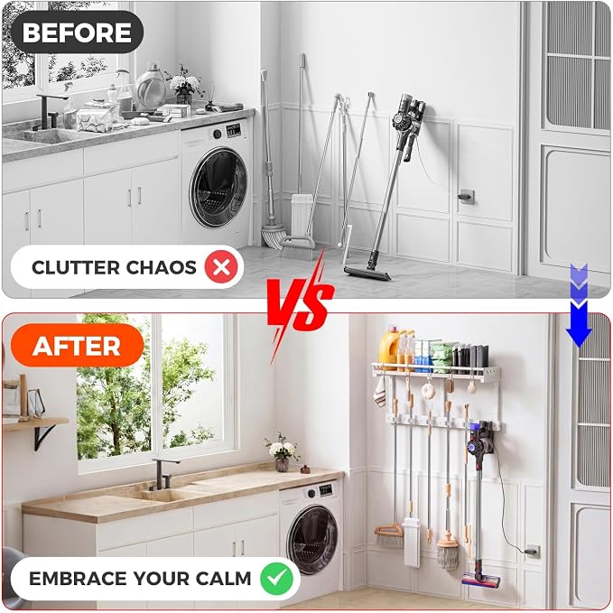 Broom Holder Wall Mount with Shelf,Broom Hanger,3 in 1 Broom and Mop Organizer Wall Hanging for Laundry,Garage,Utility,Broom Rack,Vacuum Stand Alternative,Cleaning Supplies Organizer Storage,White,L - Image 6