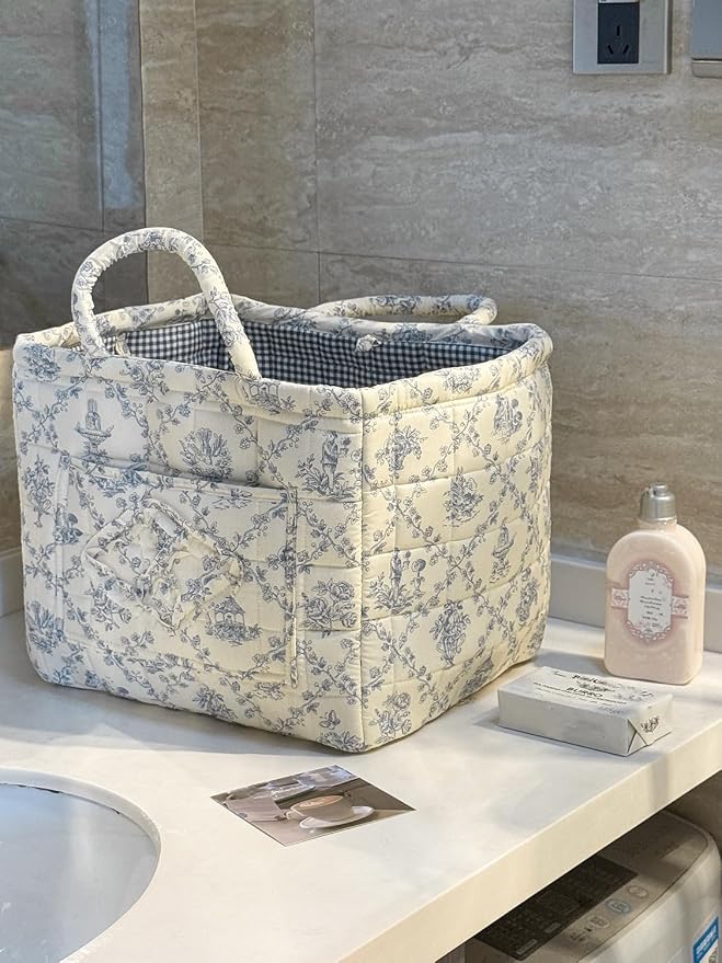 Storage Basket Boho Fabric Large Collapsible Floral Laundry Nursery Hamper Portable Folding Storage for Clothes Toys (Vine-Blue A) by Ankick
