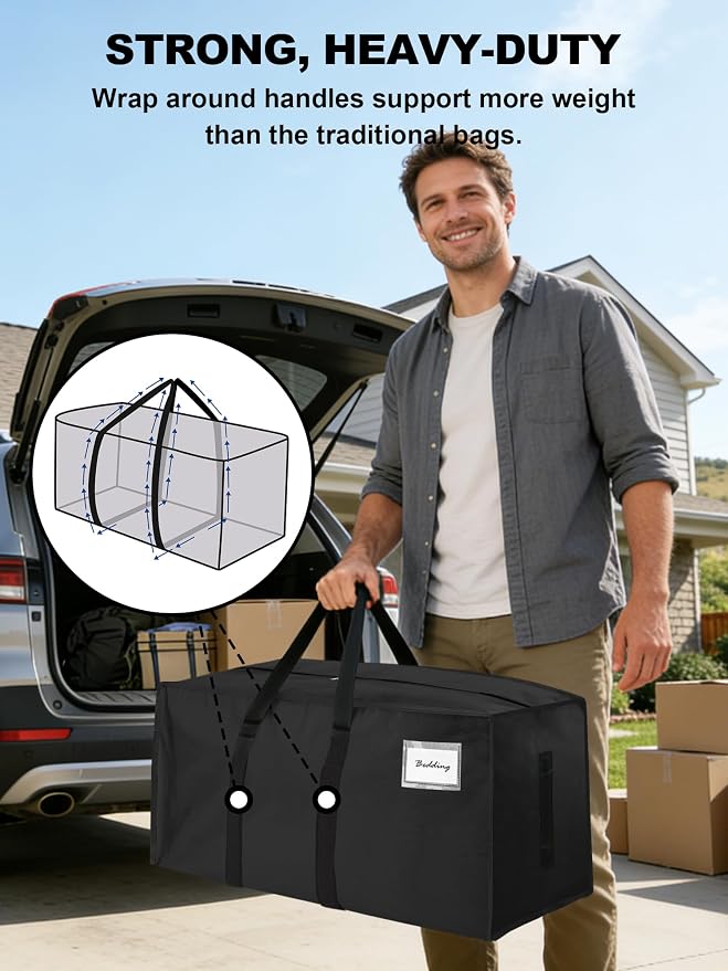 HOMESURE Supports 200lbs Heavy Duty Moving Bags - Strong Zipper & Wrap-Around Handles - Water-Resistant Storage Totes, Durable Alternative to Moving Boxes - 8 Pack - Black - Image 2