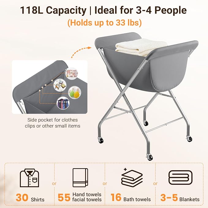 ELYKEN Laundry Basket with Wheels, Collapsible Laundry Hamper, Gray - Image 4
