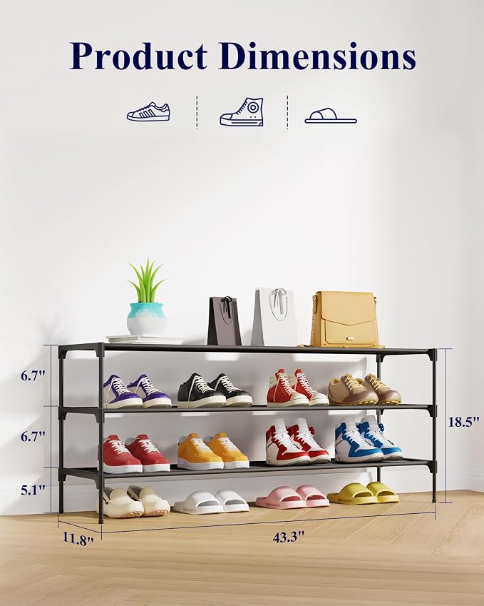 Kitsure Shoe Rack - Non-Woven Shoe Rack Shelf, 43.3" Wide - 3 Tier, Black | Shoe Organizer for Closet, Entryway, Garage, Stackable Shoe Shelves, college dorm&apartment essentials - Image 3