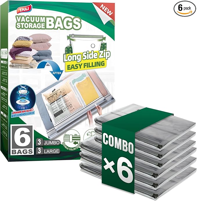 TAILI 6 Pack Vacuum Storage Bags, 2 Size Combo(3 Large+3 Jumbo), Clear by TAILI