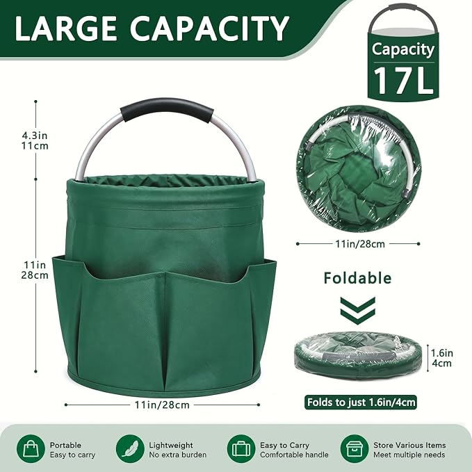 Cleaning Caddy with Handle, 17L Foldable Storage Basket, Heavy Duty 600D Oxford Cloth Organizer, Portable Supply Bag, Multi-Purpose Supplies Caddy for Home, Bathroom, Kitchen, Garden - dark green - Image 2