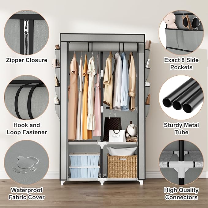 Portable Closet for Hanging Clothes, Portable Wardrobe Closet with Cover, 4 Storage Shelves, 2 Hanging Rods and 8 Side Pockets, Easy Assembly and Sturdy Free Standing Closet for Bedroom, Grey - Image 4