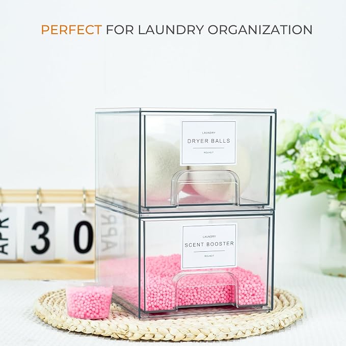 2 Pack Laundry Room Organization Storage Drawers with Labels, Clear Stackable Dryer Sheet Holder and Pod Containers, Detergent Dispenser for Laundry Room Organizing and Decor - Image 2