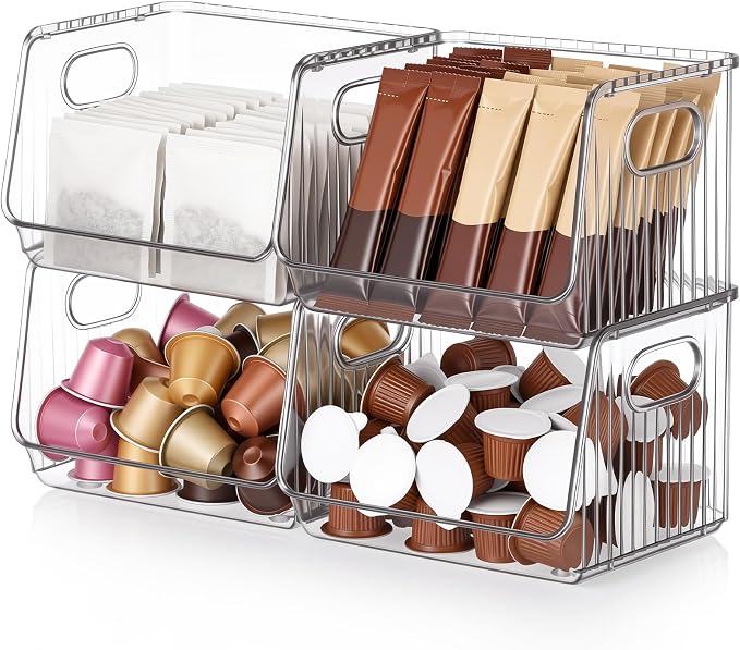 Novabright 4 Pcs Clear Plastic Storage Bins Stackable Pantry Storage Organizer Kitchen Cabinet Organizers Ideal Containers for Coffee Pod Tea Sugar Bag Office Fridge Caddy by Unknown