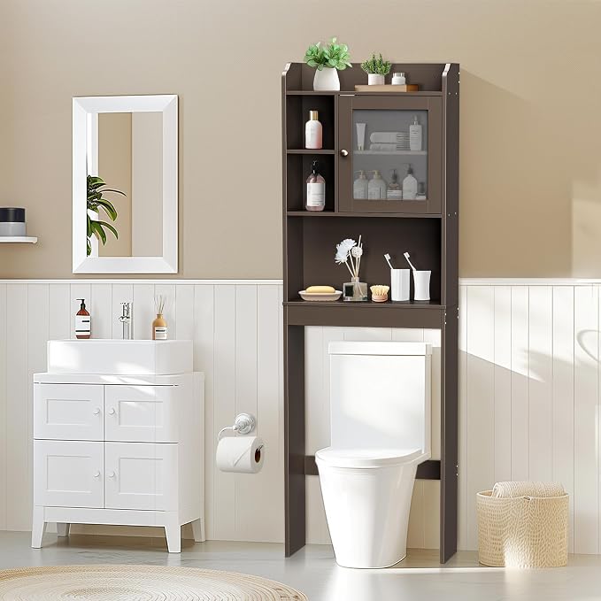 ZENY Over The Toilet Storage Cabinet, Bathroom Organizer with Adjustable Shelf and Double Doors, Freestanding Bathroom Space Saver Toilet Rack (Brown) - Image 9