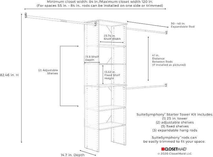 ClosetMaid SuiteSymphony Wood Closet Organizer Starter Kit with Tower and 3 Hang Rods, Shelves, Adjustable, Fits Spaces 5 – 10 ft. Wide, Natural Gray - Image 13