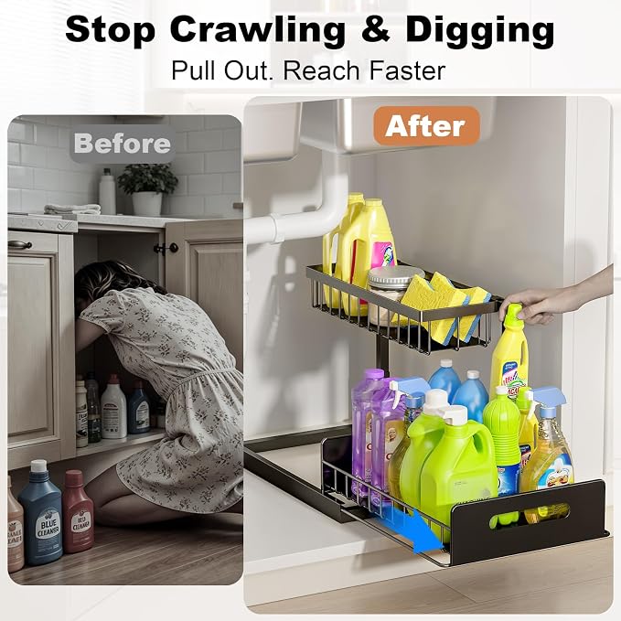 REALINN Under Sink Organizer, L-Shaped Pull Out Cabinet Organizer, Kitchen - Image 4