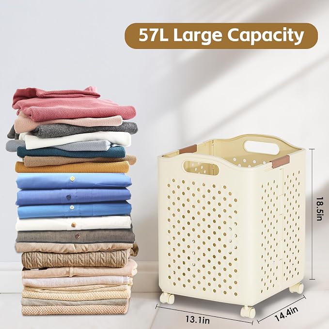 57L Foldable Collapsible Laundry Basket, with Wheels+Handles(Cream White) - Image 6