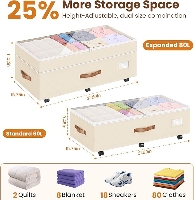 Budding Joy 80L 2 Pack Adjustable Under Bed Storage with Wheels, Beige | Underbed containers with clear lids, rolling underbed shoe storage organizer for dorm clothes, blankets, easy to install - Image 2