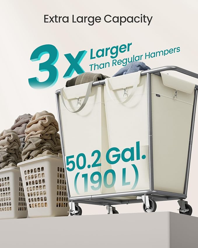 SONGMICS 2-Section Laundry Basket with Wheels, 50.2 Gallons (190 L) Hamper - Image 3