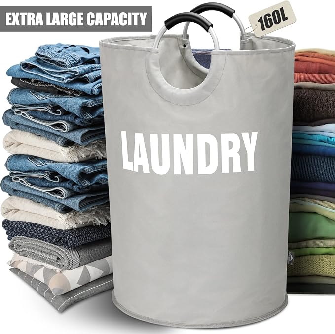 DOKEHOM 160L XX-Large Laundry Basket Bag, Collapsible Tall Hamper, Grey - Image 5