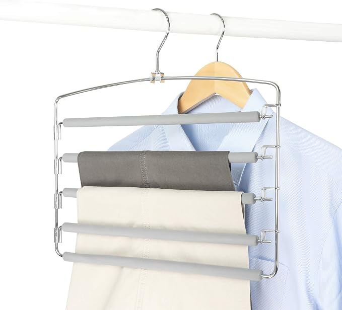 TOPIA HANGER Pants Hangers Space Saving with 5 Tiers Non-Slip Foam Padded | 2 Pack 80% Space Save Closet Orgainzer, 360° Swivel Hook, Multi Layers Swing Arm Non-Slip Foam Padded for Pants Jeans Gray - Image 6