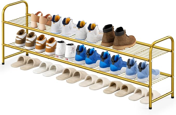 KEETDY 2-Tier Long Shoe Rack for Closet Metal Shoe Organizer for Entryway, Wide Stackable Shoe Storage Shelf with Sturdy Wire Grid for Closet Floor, Bedroom, Gold by KEETDY
