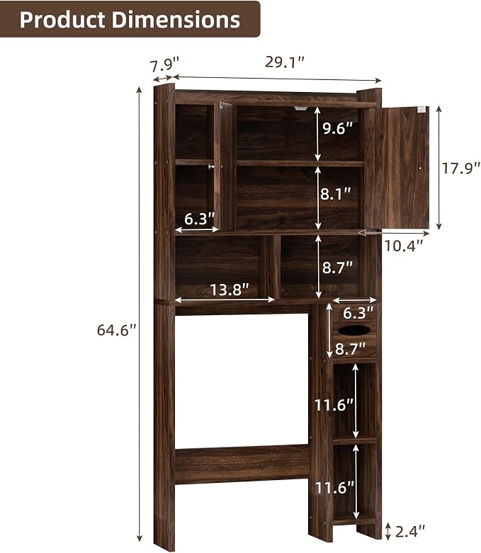 Shintenchi Over the Toilet Storage Cabinet, Bathroom Storage Cabient with Barn Doors, Bathroom Storage Shelf Organizer with Toilet Paper Holder, Adjustable Shelf and Anti-Tip Device, Walnut - Image 2