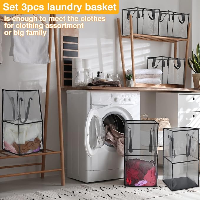 Zopeal 3 Pack Collapsible Mesh Laundry Basket, Black, Double-layer - Image 3