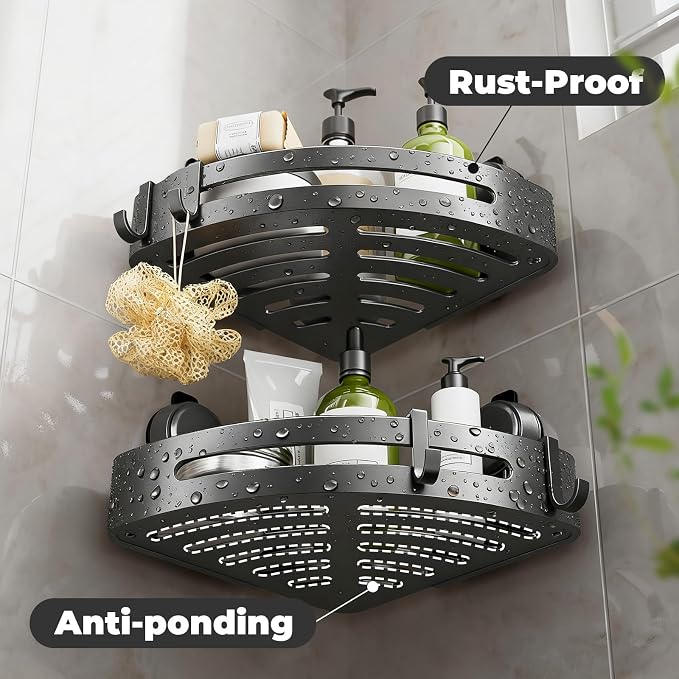 Corner Shower Caddy Suction Cup,Shower Shelves with Hooks,No Drilling Powerful Upgrade Suction Bathroom Corner Organizers and Storage,Removable Waterproof Rustproof Shower Shelf Bathroom Decor(3) - Image 5