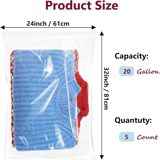 Extra Large Plastic Bags With Zipper Top, 24x32in,3-Mil Thick,5 Pack,Storage Bags for Clothes,Travel, Moving, Reusable,Heavy-Duty,BPA-Free, Clear Plastic - Image 2
