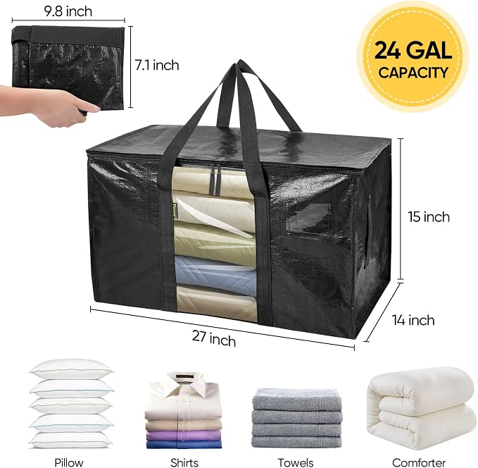 BALEINE 2-Pack Oversized Moving Bags with Reinforced Handles, Heavy-Duty Storage Tote Moving Supplies for Packaging, Camping (Black w/Window, 2-Pack) - Image 2
