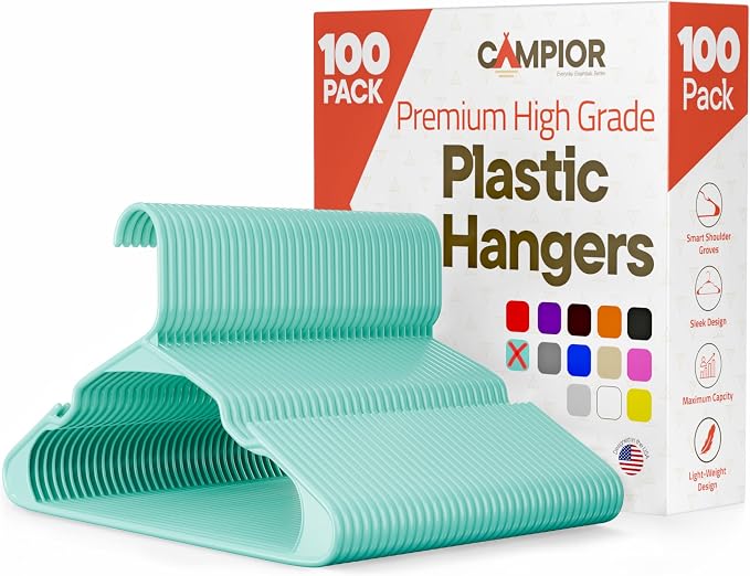 Plastic Clothes Hangers – Heavy Duty Hanger Set, for Organizing Clothes, Dresses, and Coat, Holds Up to 5 lbs, Space-Saving Hangers with Non-Slip Shoulder Grooves, Pack of 100, Aqua by Campior