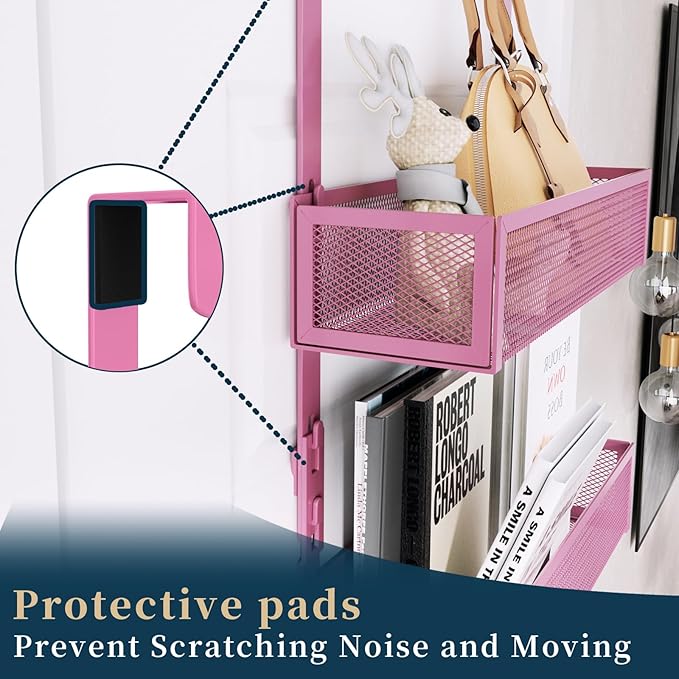 Consumest Over The Door Hooks Organizer - 3 Tier Door Hanger with 9 Coat Hooks & 2 Mesh Basket, Back Storage Organizer Hanging Towels for Bathroom, Bedroom, Pink - Image 3