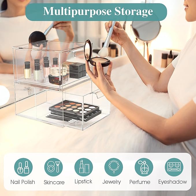 2 Pack Stackable Acrylic Makeup Organizer, Clear Storage Drawers - Image 6