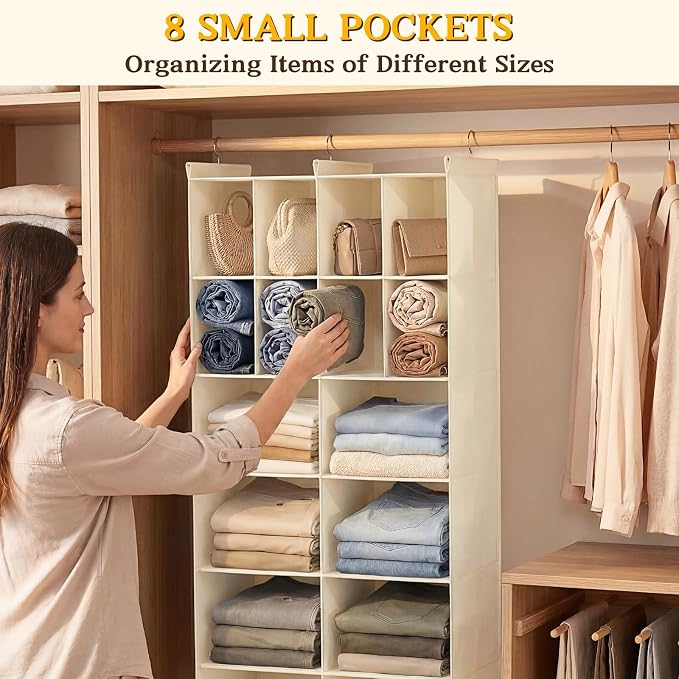 6 Tier Hanging Closet Organizer, 16 Compartments Dual Row Storage, Beige | Closet Organizers and Storage with Large & Small Pockets, 3 Sturdy Hooks Support Heavy Loads, Ideal for Dorm, Garment Rack - Image 5