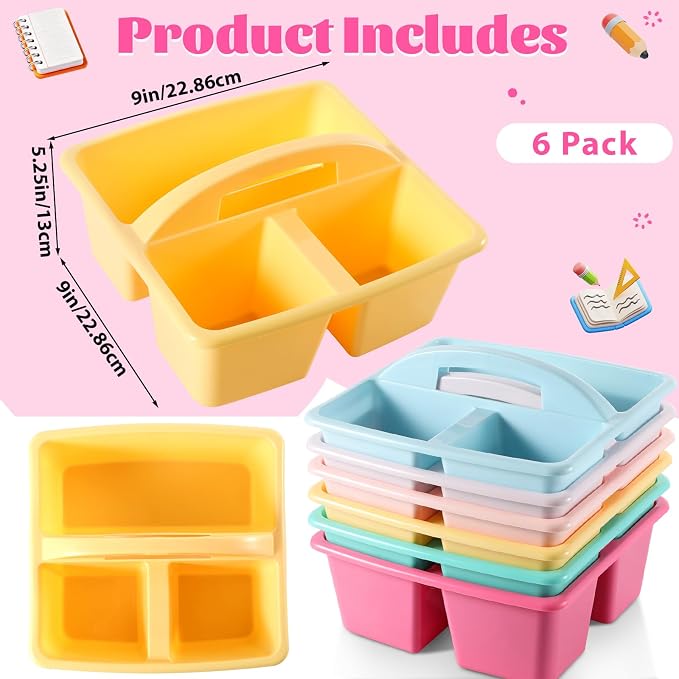 6 Pack Plastic Classroom Organizer Caddy with Handle, Pastel - Image 2