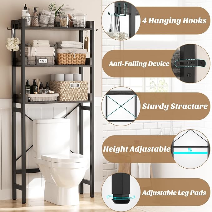 Ecoprsio Over-The-Toilet Storage Rack, 3-Tier Bathroom Organizer Shelf Over Toilet, Freestanding Space Saver Toilet Stands with 4 Hooks, Grey - Image 5