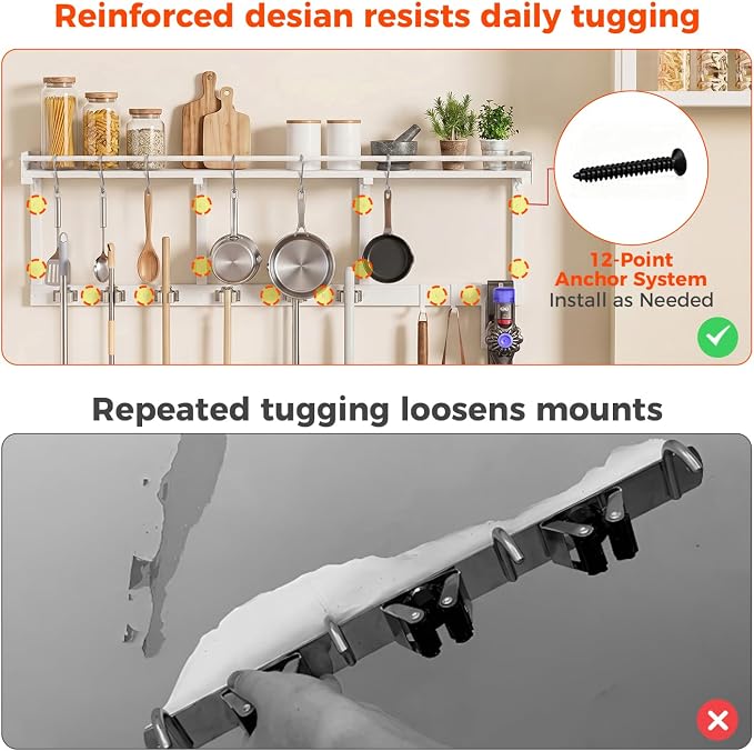 Broom Holder Wall Mount with Shelf,Broom Hanger,3 in 1 Broom and Mop Organizer Wall Hanging for Laundry,Garage,Utility,Broom Rack,Vacuum Stand Alternative,Cleaning Supplies Organizer Storage,White,XL - Image 4