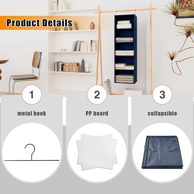 Hanging Closet Organizer 5-Shelf, Oxford Fabric Wardrobe Storage, Navy Blue | Easy-mount foldable design holds clothes, handbags, shoes & accessories; washable Oxford fabric, sturdy and space-saving. - Image 6