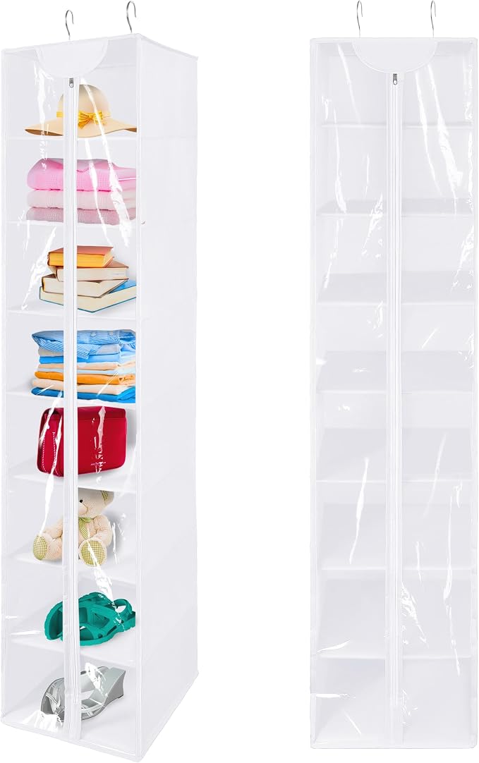 8 Tier Clear PVC Closet Hanging Organizer with Zipper, Foldable Hanging Closet Organizers and Storage, Hanging Clothes Storage Organizer, hanging shoe organizer, White Closet Shelves by coastalrose